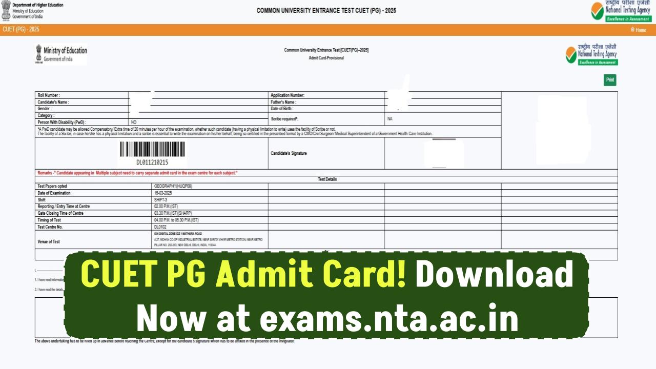 CUET PG Admit Card: CUET PG Hall Ticket Out! Exam Starts from March 13 – Download Now at exams.nta.ac.in!